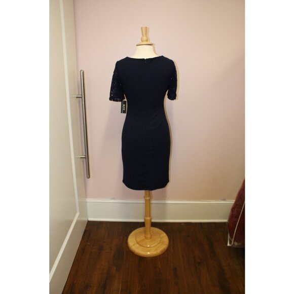NWT Alex Evenings Navy Crepe Cocktail Dress with Sequin Lace Sleeves. - Picture 2 of 7